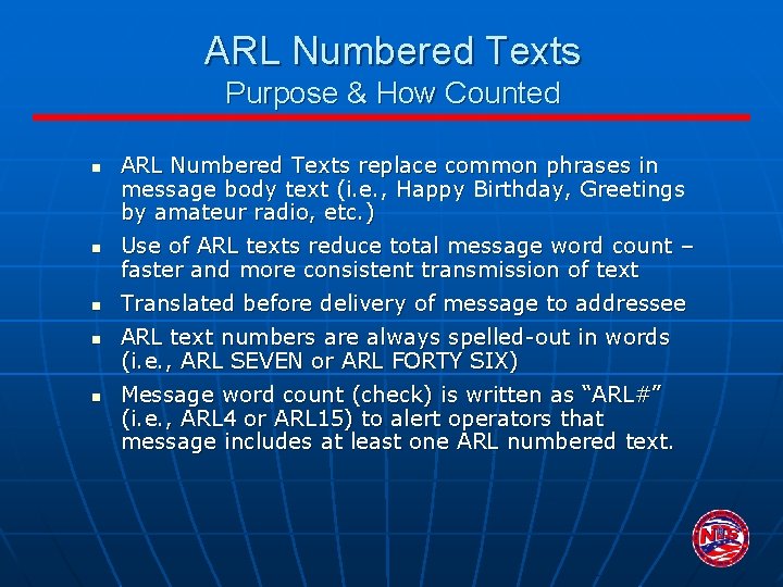 ARL Numbered Texts Purpose & How Counted n n n ARL Numbered Texts replace