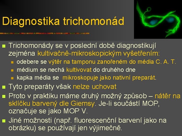 Diagnostika trichomonád n Trichomonády se v poslední době diagnostikují zejména kultivačně-mikroskopickým vyšetřením: n n