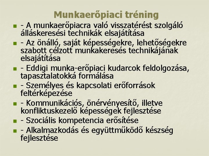 Munkaerőpiaci tréning n n n n - A munkaerőpiacra való visszatérést szolgáló álláskeresési technikák