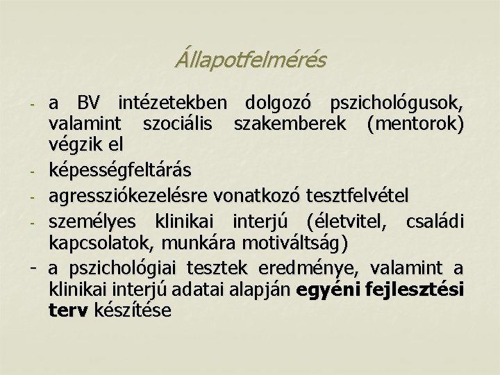 Állapotfelmérés a BV intézetekben dolgozó pszichológusok, valamint szociális szakemberek (mentorok) végzik el - képességfeltárás