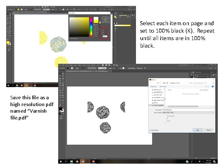 Select each item on page and set to 100% black (K). Repeat until all