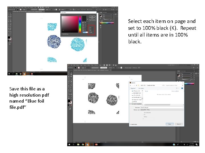 Select each item on page and set to 100% black (K). Repeat until all