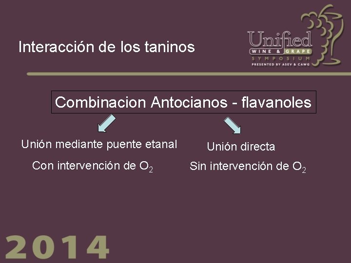 Interacción de los taninos Combinacion Antocianos - flavanoles Unión mediante puente etanal Con intervención