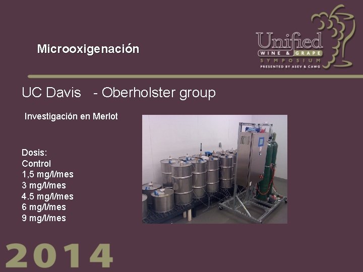 Microoxigenación UC Davis - Oberholster group Investigación en Merlot Dosis: Control 1, 5 mg/l/mes