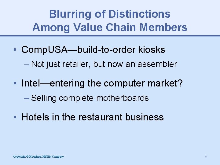 Blurring of Distinctions Among Value Chain Members • Comp. USA—build-to-order kiosks – Not just