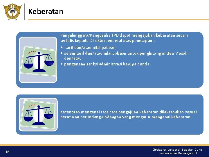 Keberatan Penyelenggara/Pengusaha TPB dapat mengajukan keberatan secara tertulis kepada Direktur Jenderal atas penetapan :