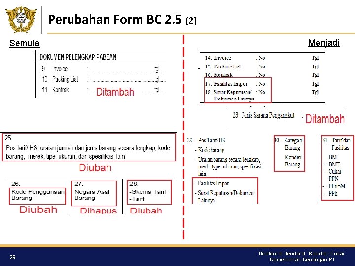 Perubahan Form BC 2. 5 (2) Semula 29 Menjadi Direktorat Jenderal Bea dan Cukai