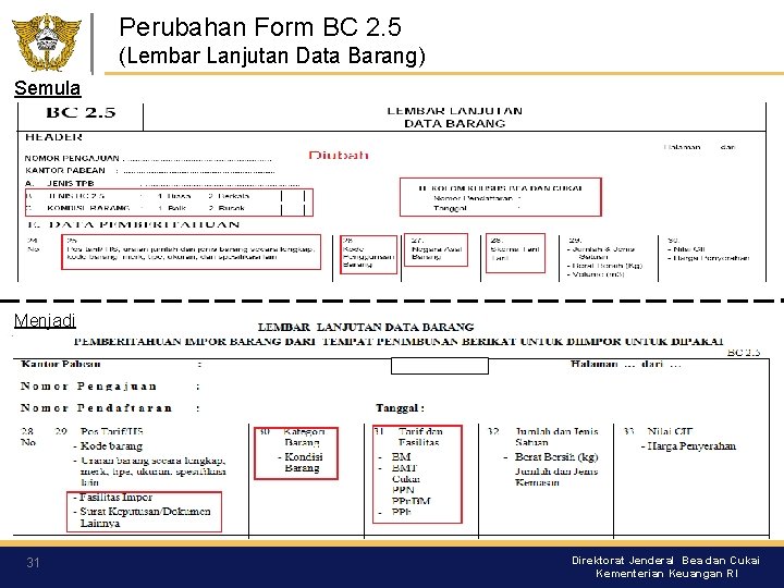 Perubahan Form BC 2. 5 (Lembar Lanjutan Data Barang) Semula Menjadi 31 Direktorat Jenderal