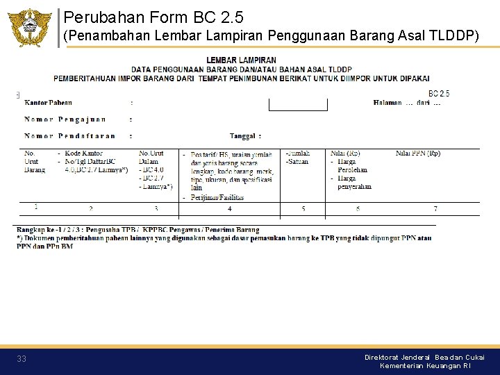 Perubahan Form BC 2. 5 (Penambahan Lembar Lampiran Penggunaan Barang Asal TLDDP) 33 Direktorat
