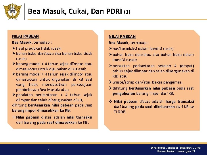 Bea Masuk, Cukai, Dan PDRI (1) NILAI PABEAN Bea Masuk, terhadap : Ø hasil