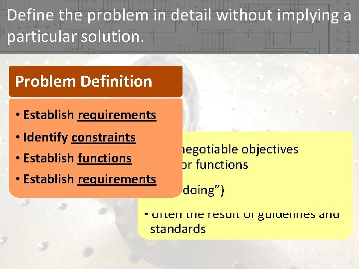 Define the problem in detail without implying a particular solution. Problem Definition • Establish Define the problem in detail without implying a particular solution. Problem Definition • Establish