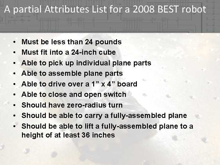 A partial Attributes List for a 2008 BEST robot • • • Must be A partial Attributes List for a 2008 BEST robot • • • Must be