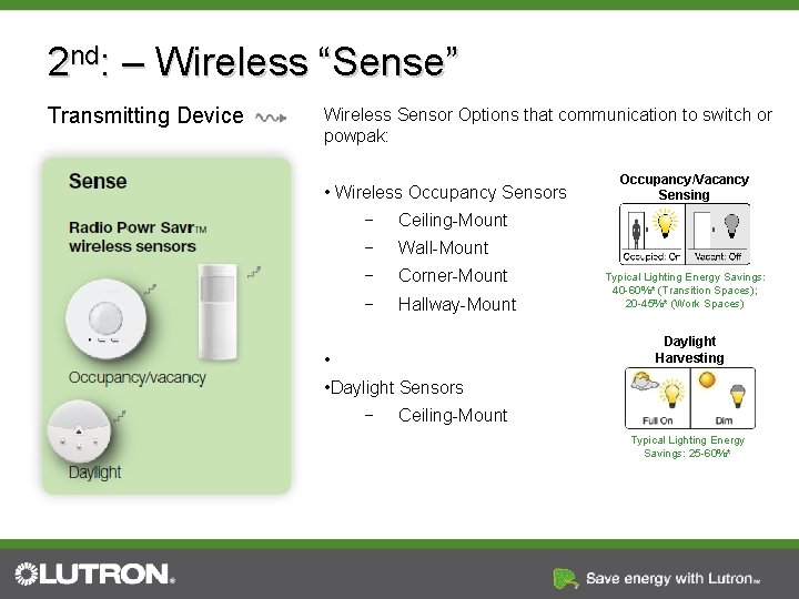 2 nd: – Wireless “Sense” Transmitting Device Wireless Sensor Options that communication to switch