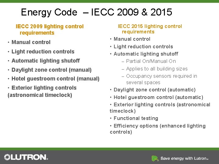 Energy Code – IECC 2009 & 2015 IECC 2009 lighting control requirements • Manual