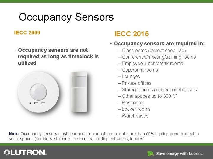 Occupancy Sensors IECC 2009 IECC 2015 • Occupancy sensors are required in: • Occupancy