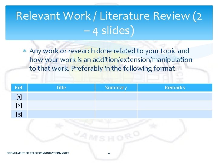 Relevant Work / Literature Review (2 – 4 slides) Any work or research done