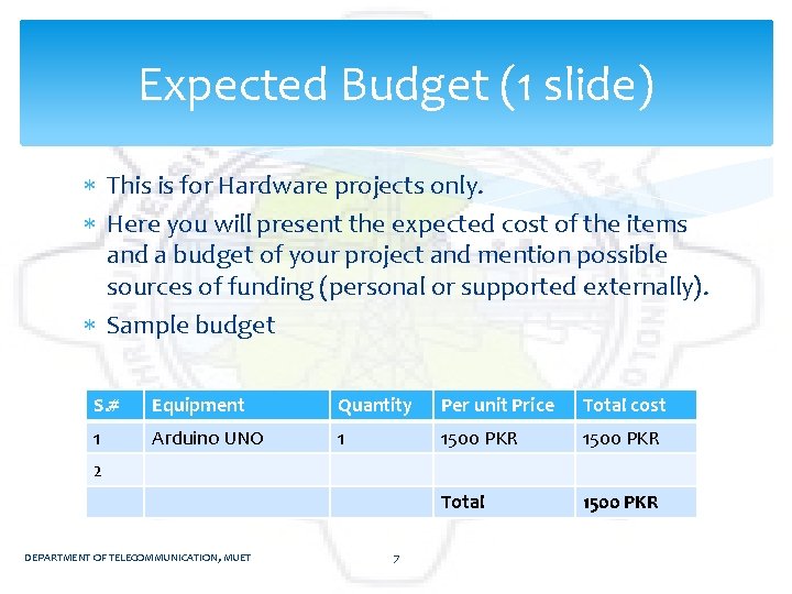 Expected Budget (1 slide) This is for Hardware projects only. Here you will present