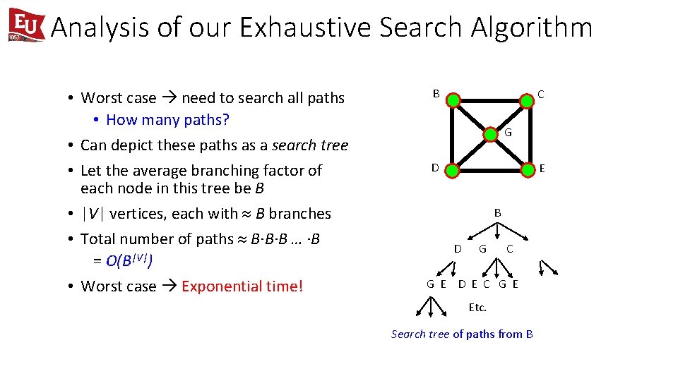 Analysis of our Exhaustive Search Algorithm • Worst case need to search all paths
