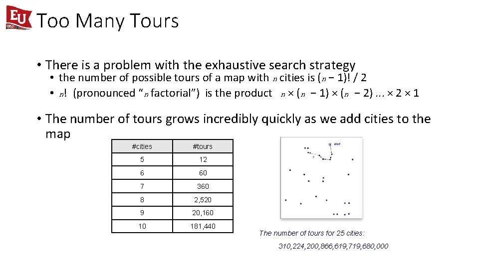 Too Many Tours • There is a problem with the exhaustive search strategy •