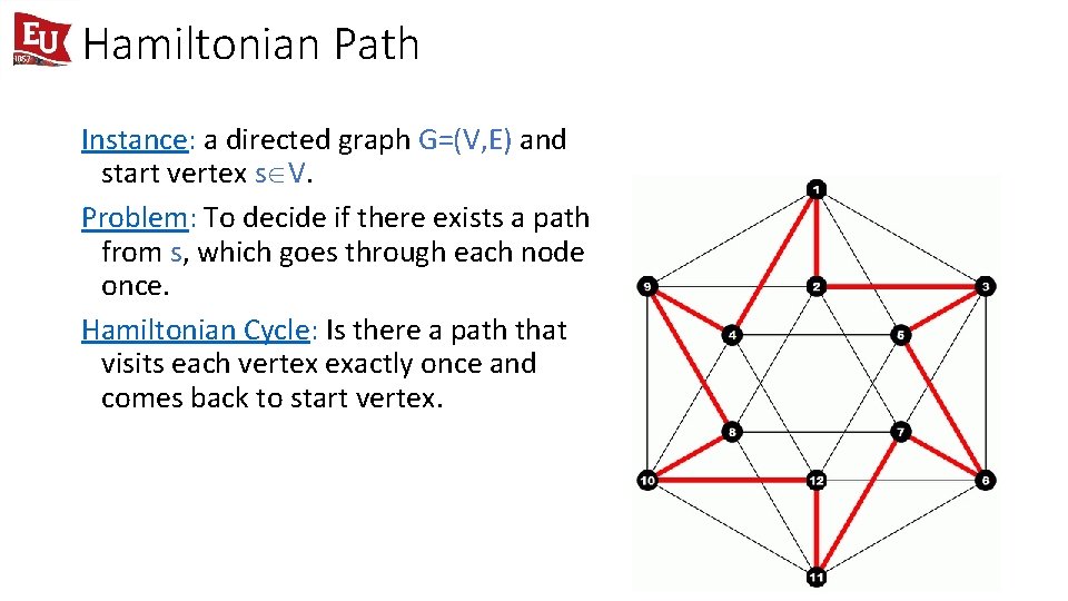 Hamiltonian Path Instance: a directed graph G=(V, E) and start vertex s V. Problem: