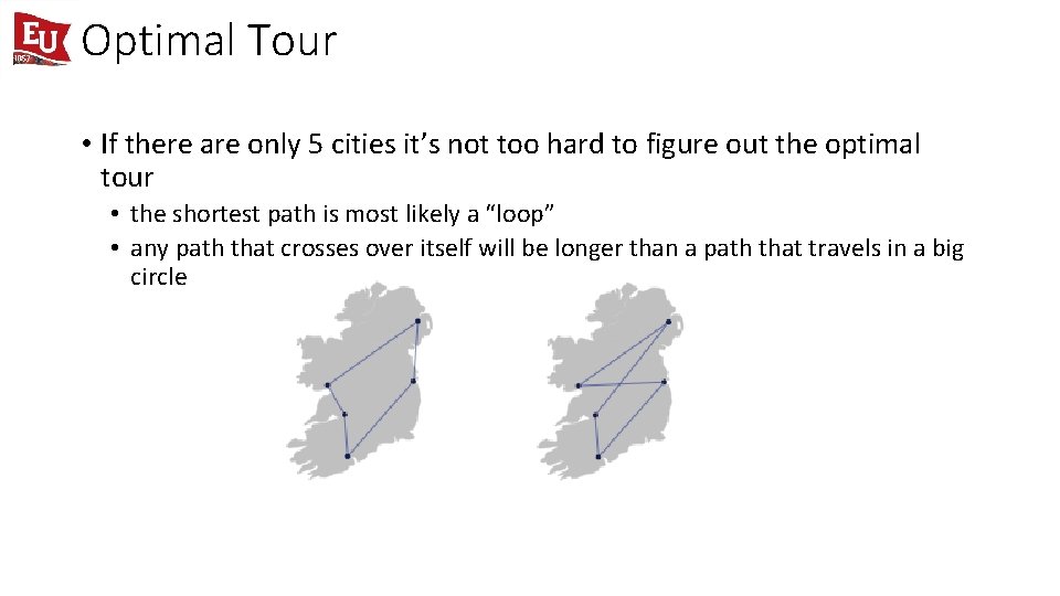 Optimal Tour • If there are only 5 cities it’s not too hard to