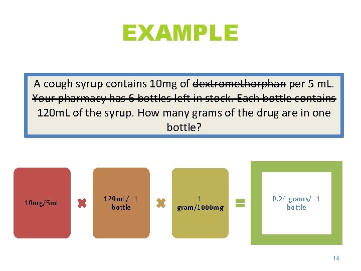 EXAMPLE A cough syrup contains 10 mg of dextromethorphan per 5 m. L. Your