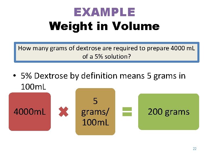 EXAMPLE Weight in Volume How many grams of dextrose are required to prepare 4000