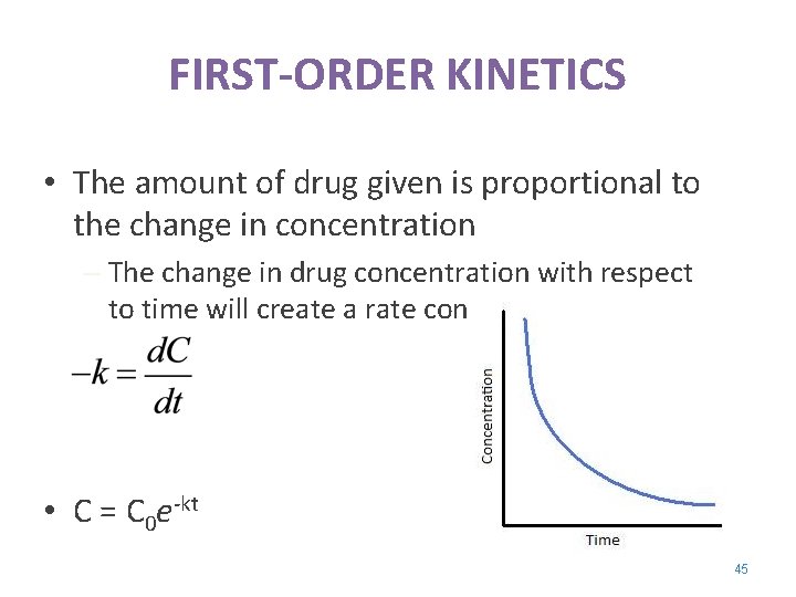 FIRST-ORDER KINETICS • The amount of drug given is proportional to the change in