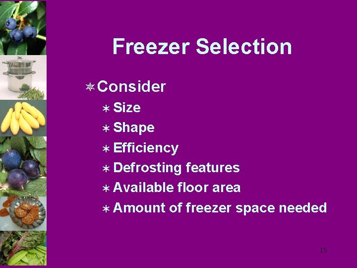 Freezer Selection ô Consider Ü Size Ü Shape Ü Efficiency Ü Defrosting features Ü