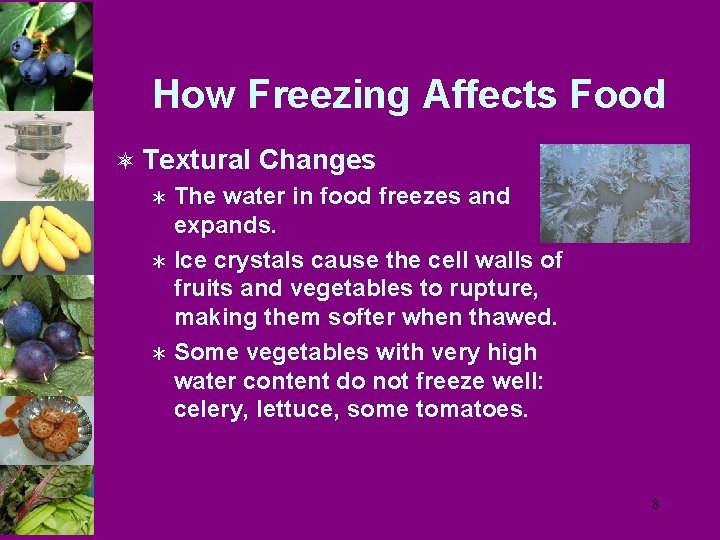 How Freezing Affects Food ô Textural Changes Ü The water in food freezes and