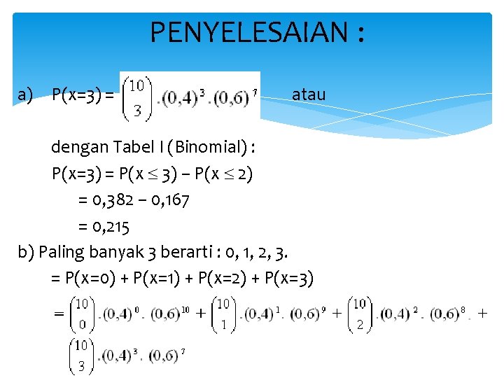 PENYELESAIAN : a) P(x=3) = atau dengan Tabel I (Binomial) : P(x=3) = P(x
