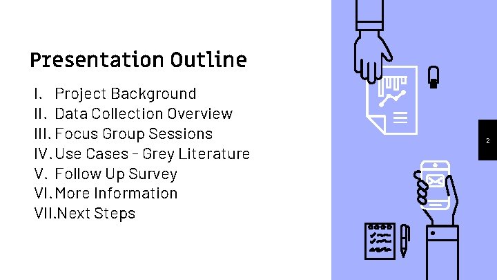 Presentation Outline I. Project Background II. Data Collection Overview III. Focus Group Sessions IV.