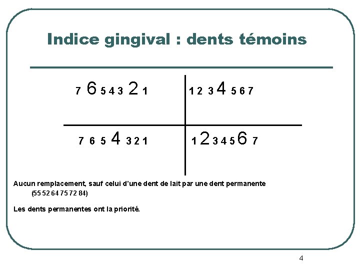 Indice gingival : dents témoins 7 6 543 2 1 7 6 5 4