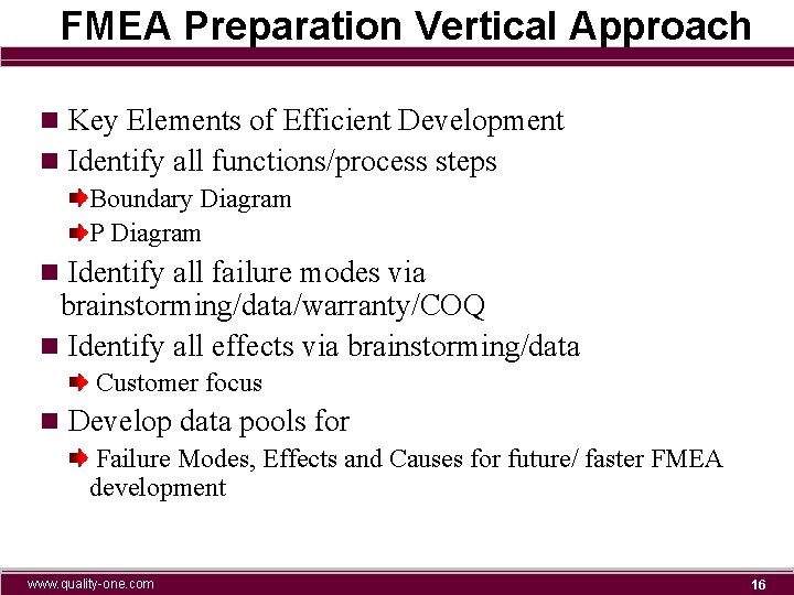 FMEA Preparation Vertical Approach n Key Elements of Efficient Development n Identify all functions/process