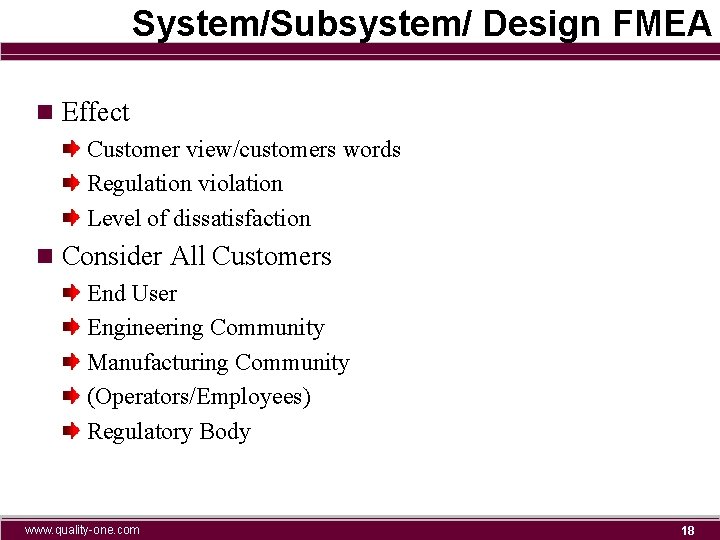 System/Subsystem/ Design FMEA n Effect Customer view/customers words Regulation violation Level of dissatisfaction n