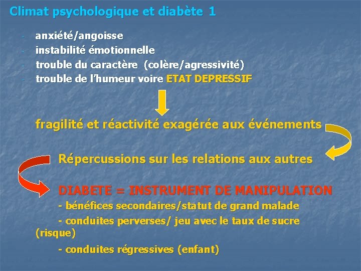 Climat psychologique et diabète 1 - anxiété/angoisse instabilité émotionnelle trouble du caractère (colère/agressivité) trouble