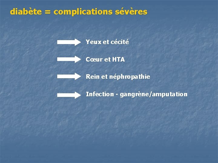 diabète = complications sévères Yeux et cécité Cœur et HTA Rein et néphropathie Infection