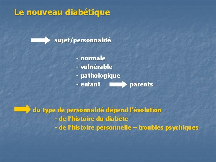 Le nouveau diabétique sujet/personnalité - normale - vulnérable - pathologique - enfant parents du