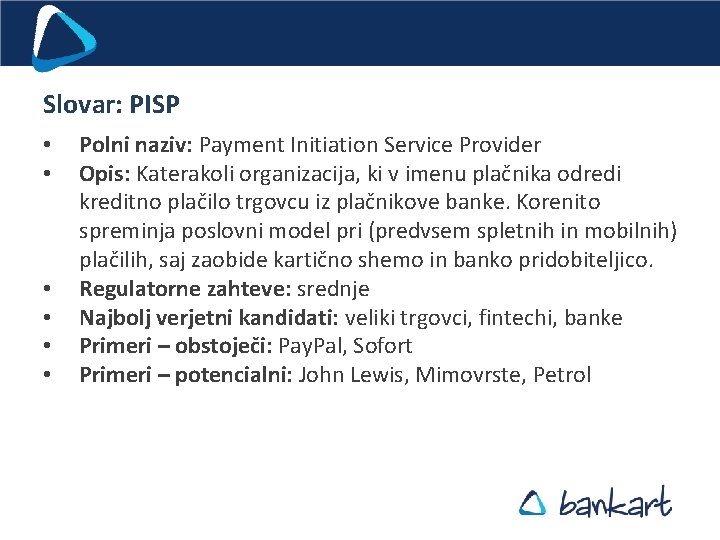 Slovar: PISP • • • Polni naziv: Payment Initiation Service Provider Opis: Katerakoli organizacija,