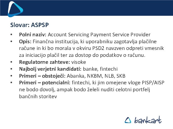 Slovar: ASPSP • • • Polni naziv: Account Servicing Payment Service Provider Opis: Finančna