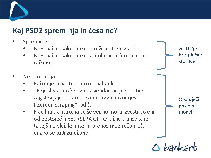 Kaj PSD 2 spreminja in česa ne? • • Spreminja: • Novi način, kako