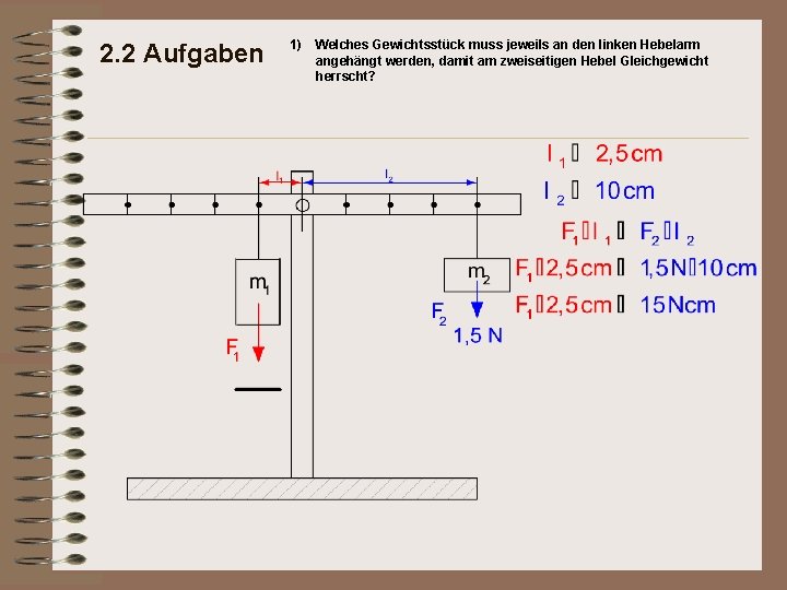 2. 2 Aufgaben 1) Welches Gewichtsstück muss jeweils an den linken Hebelarm angehängt werden,