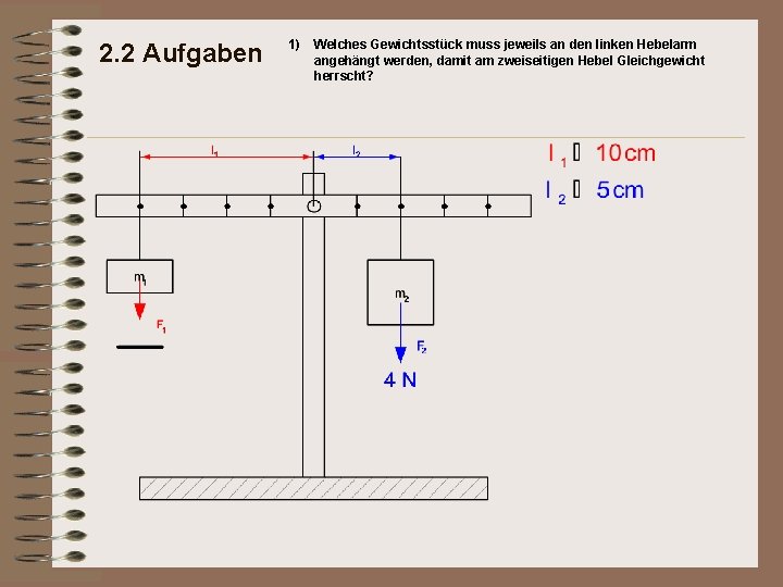 2. 2 Aufgaben 1) Welches Gewichtsstück muss jeweils an den linken Hebelarm angehängt werden,