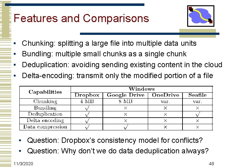 Features and Comparisons • • Chunking: splitting a large file into multiple data units