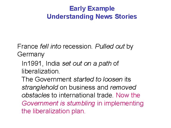 Early Example Understanding News Stories France fell into recession. Pulled out by Germany In