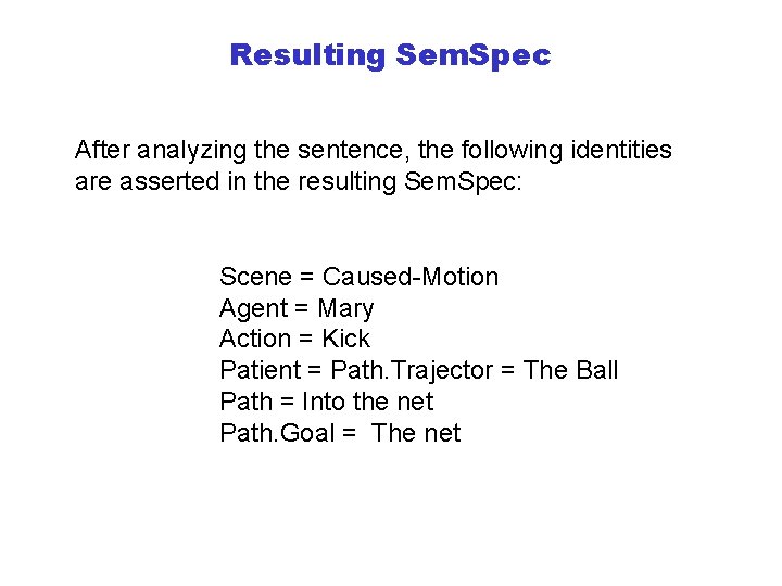 Resulting Sem. Spec After analyzing the sentence, the following identities are asserted in the