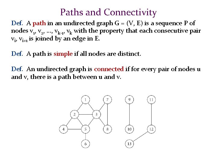 Paths and Connectivity Def. A path in an undirected graph G = (V, E)