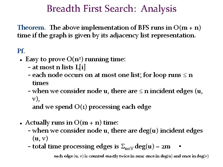 Breadth First Search: Analysis Theorem. The above implementation of BFS runs in O(m +