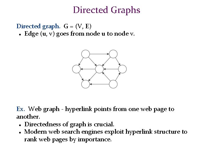 Directed Graphs Directed graph. G = (V, E) Edge (u, v) goes from node