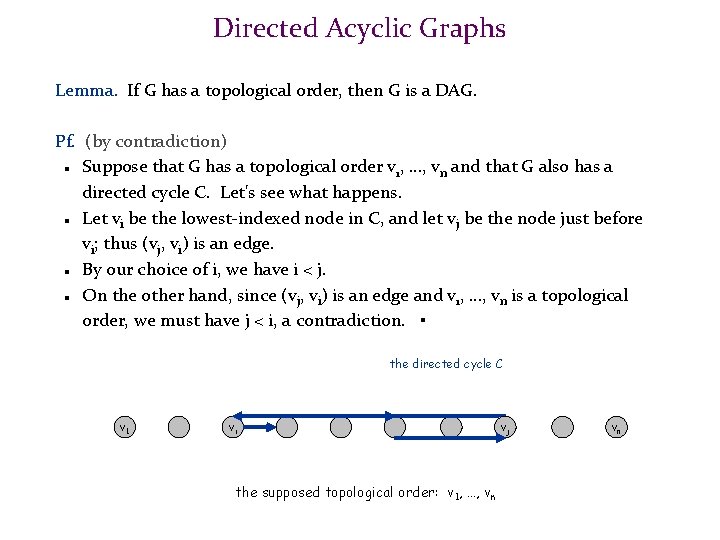 Directed Acyclic Graphs Lemma. If G has a topological order, then G is a